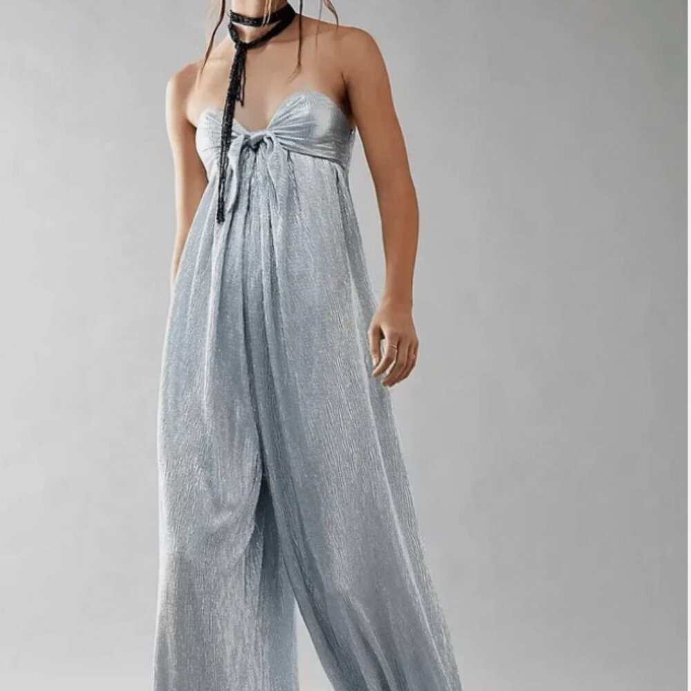 Free People Silver Metallic Strapless Jumpsuit